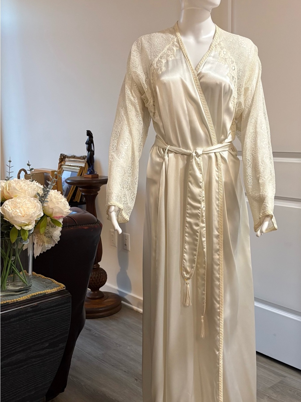 Dior Ivory Satin Lace-Trim Long Robe with Tie Belt